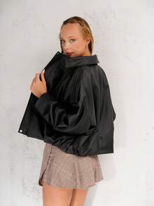 Women's Solid Color Drop Shoulder Long Sleeve Zipper Front Loose Casual Jacket - Black - View 3