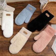 1 Pair Double Layered Velvet Thickened Warm Gloves Solid Color Versatile Cold Protection Gloves For Outdoor Cycling Winter Warm Unisex Plush Lining Mittens Birthday Christmas Gifts