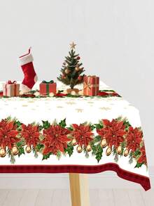 1 buc. Față de masă de unică folosință de Crăciun 220x130cm, model de bile de Crăciun Poinsettia, față de masă festivă din plastic pentru petreceri în interior/exterior, evenimente, decor de petrecere de Crăciun 2025, acasă, bucătărie, sufragerie, decorațiuni sezoniere pentru masă, decor de casă, decor de casă