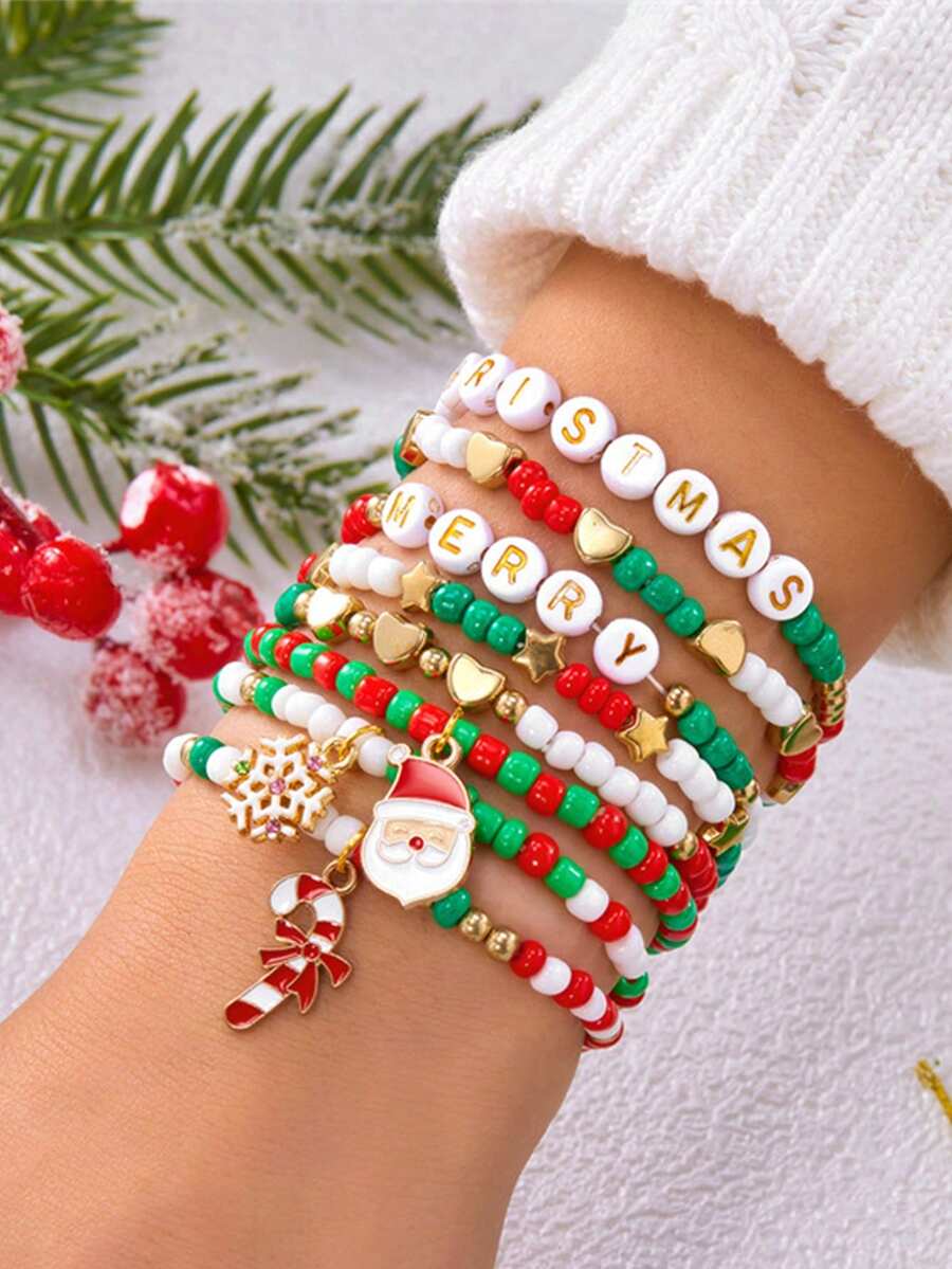 8 件套圣诞雪花、圣诞老人、心形、星形串珠手链套装，彩色珠子“MERRY”字母吊饰，适合圣诞派对、日常佩戴，送给女性的特别礼物 - 彩色 - 查看 1