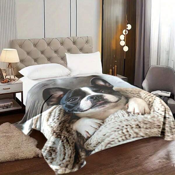 1pc Boston Terrier Print Blanket - Soft, Warm Chunky Knit, All-Season Polyester, Machine Washable, Ideal For Naps, Camping, Travel, Office, Home Decor, Camping Accessory | Playful Dog Design | Durable Knit Blanket