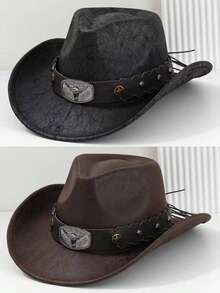 1 件男女通用 PU 皮革西部牛仔帽，搭配宽腰带和金属牛头铆钉腰带配饰，适合西部主题活动、派对、角色扮演，男女通用 - 鉚釘 - 查看 7