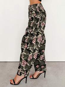 Womens Camo Rose Jeans High Rise Barrel Leg Denim Pants With Pockets Casual Long Trousers For Outdoor Office - 軍綠色 - 查看 6