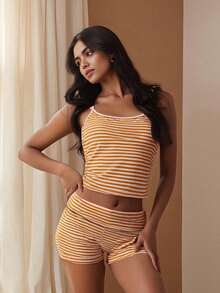 Women Y2k 2 Piece Lace Shorts Set Sleeveless V Neck Cami Top With Shorts Pajamas Sets Sleepwear - 橘色 - 查看 8