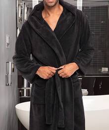Mens Robe With Hood, Plush Fleece Hooded Mens Bathrobe, Big And Tall Bath Robe For Menhalloween - Black - View 6