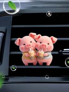 1pc Cute Piglet Drinking Bubble Tea Acrylic Car Air Vent Clip Fragrance Diffuser, Car Air Freshener Vent Clip, Car Interior Decor - Multicolor - View 1
