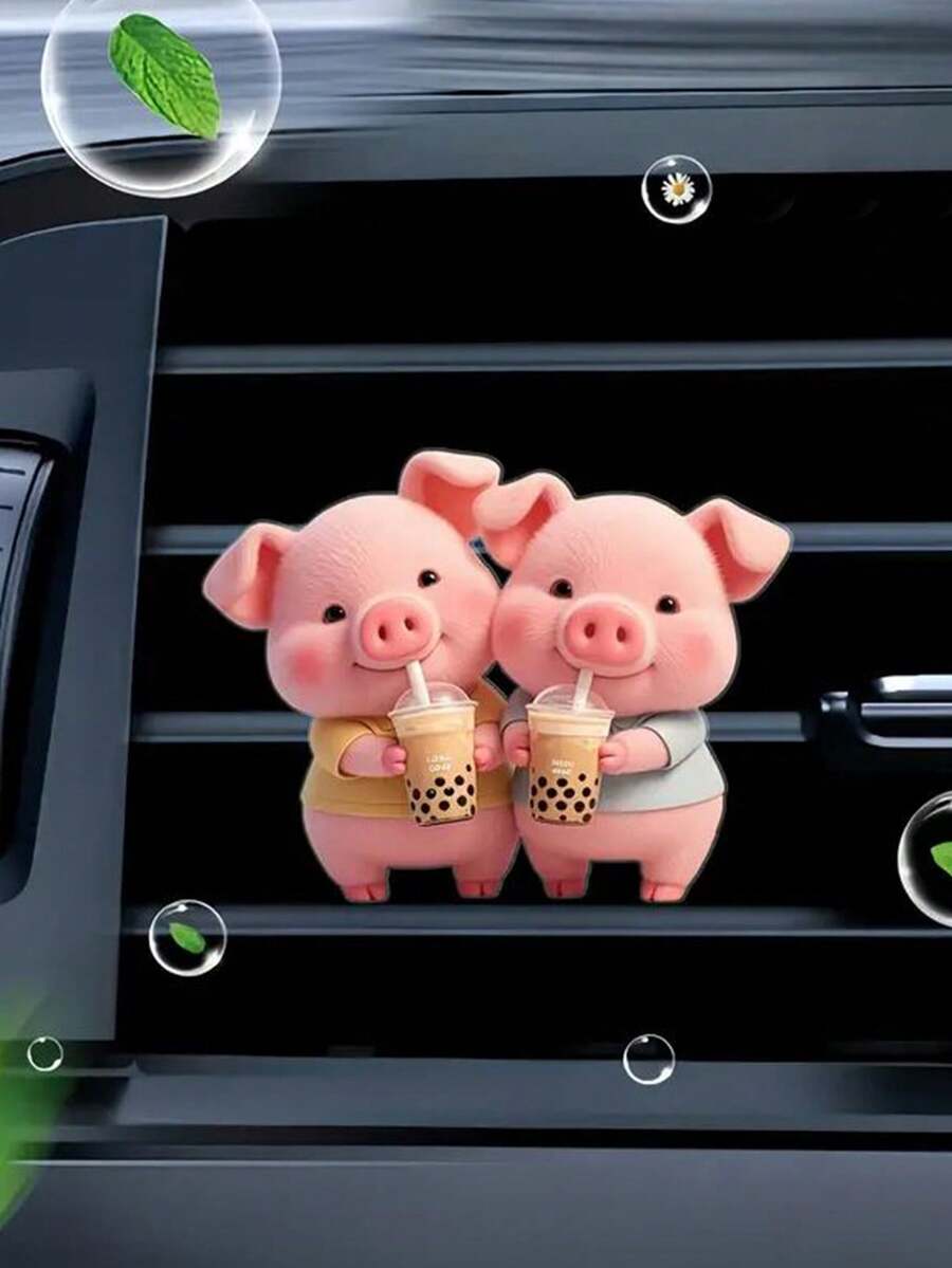 1pc Cute Piglet Drinking Bubble Tea Acrylic Car Air Vent Clip Fragrance Diffuser, Car Air Freshener Vent Clip, Car Interior Decor - Multicolor - View 1