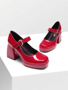 Women High Chunky Platform Closed Toe Block Heels Square Toe Strappy Dress Prom Wedding Party Pumps Shoes - ĐỎ-PAT - Xem 6