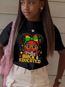 Girls & Teenagers Students Casual Printed Black Crew Neck Short Sleeve T-Shirt Top, Summer - Black - View 7