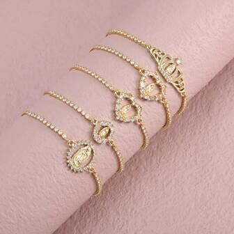 Fashionabla glittrande vita zirkonia hjärta rund form jungfru Maria guldfärg justerbart armband kvinnor charm smycken