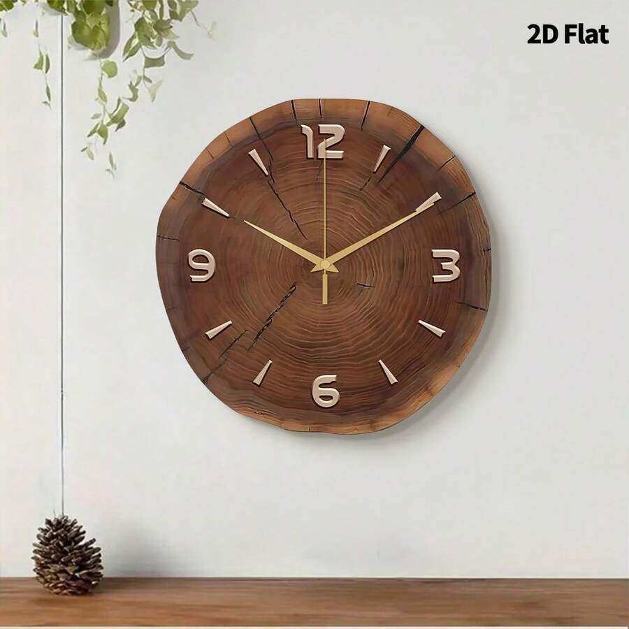 2D Flat, 1pc Vintage Tree Annual Ring Art Deco Wall Clock, Ultra Silent Quartz Movement, No Ticking, Room Decoration, Decorative Clock For Living Room, Bedroom, Office, Kitchen And Cafe, Perfect For Christmas, New Year, Valentine's Day Gifts - Multicolor - View 1