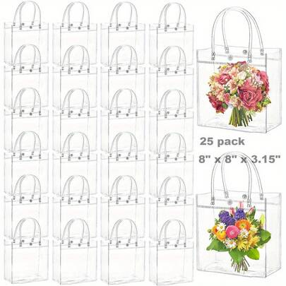 25 PCS Clear Gift Bags With Handles, Large Transparent Gift Wrap Bags, Reusable PVC Tote Bag Bulk For Party Favors, Shopping, Boutique, Wedding Birthday Festival