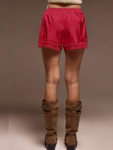 Women Lounge Shorts, Elastic Waist Lace Patchwork Loose Pajamas Shorts Sleepwear - Red - View 3