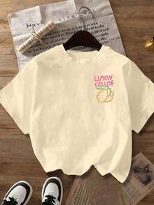 Plus Size Women's Casual Lemon Print Round Neck Short Sleeve T-Shirt, Suitable For Spring, Summer, Autumn, Vacation - Apricot - View 9