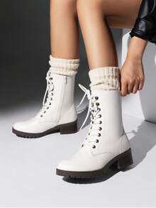 Women's Lace-Up Combat Boots Mid-Calf Militarys Classic And Stylish Winter Festival Christmas Black Boots - 白色 - 查看 4