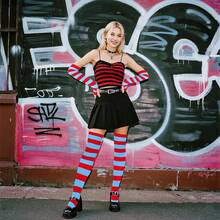 Tongcloud Women's Striped Knee High Socks, Over Knee Thigh High Socks, Arm Warmer And Fingerless Gloves SetHalloween Christmas New Year - 紅色和藍色 - 查看 2