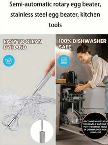 1pc Easy Manual Egg Beater Stainless Steel Hand Whisk, Semi-Automatic Press & Rotate For Home Kitchen, Suitable For Eggs, Milk, Dough Mixing