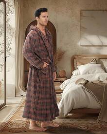 Mens Robe With Hood, Plush Fleece Hooded Mens Bathrobe, Big And Tall Bath Robe For Menhalloween - Espresso Plaid - View 11