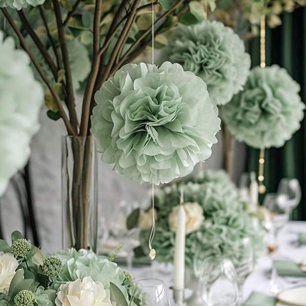 1/4/8 piezas Decoración colgante de flores de papel con pompones verdes Gris verdoso Bola de flores de papel para boda, fiesta de cumpleaños, ceremonia de graduación, tarde de té, decoración de escena festiva, Día de San Valentín, Acción de Gracias, Día de la Madre