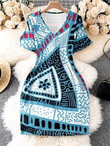 休闲修身V领随机几何印花短袖加大码连衣裙 - 藍色 - 查看 1