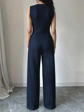 Elegant Women's Suit Set, Long Pants, Solid Color Casual Outfit - Sleeveless Vest + Elastic Waist Pocket Pants, Suitable For Daily Casual And Commuting Wear, All Season
