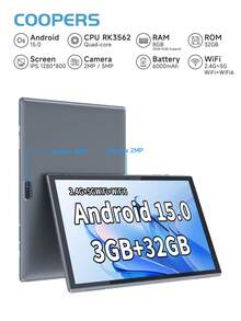 Coopers Android 15 Tablet, 10.1 Inch WIFI Tablet PC, 3GB RAM, 32GB ROM, Support 1TB Expandable, Quad-Core, 2.4G+5G WiFi, Dual Band WiFi6, 2MP + 5MP Dual Camera, 1280 * 800 IPS HD Touch Screen,Wi-Fi, 6000mAh Battery, Support Widevine L1(No Adapter) ﻿ - Grey - View 1