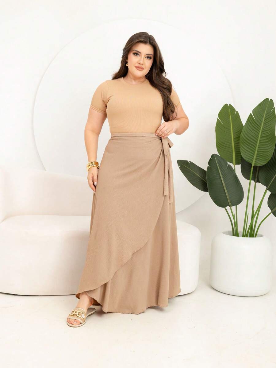 Versatilli Plus Size Skirt Turns Into Casual Asymmetrical Cross Knot Formal And Nighttime Beach Dress - 米色 - 查看 1