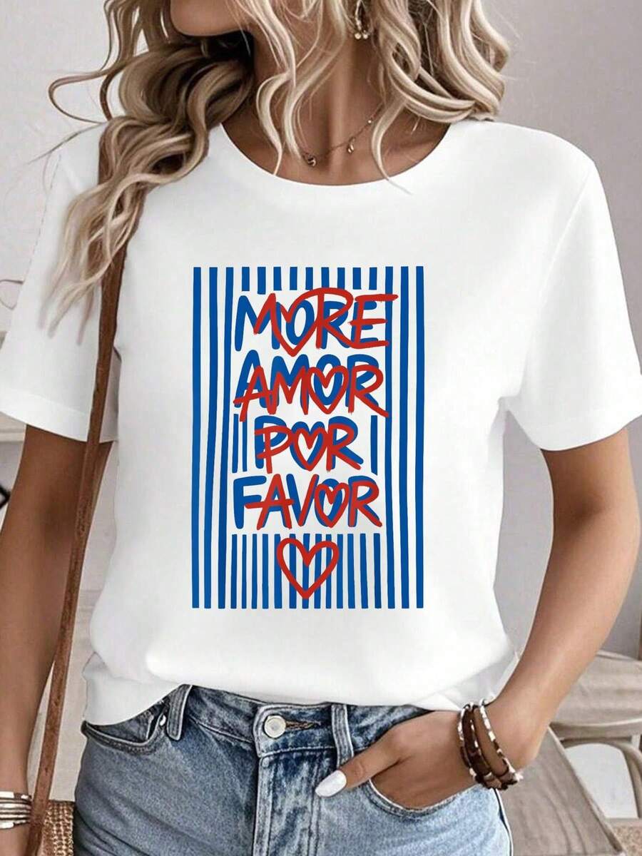 More Amor Por Favor Funny Spanish Love Quote T-Shirt Graphic Tees Women Summer Tops Round Neck T Shirt 100%Cotton Women Clothing Outfits For Women Fall Women Clothes Tops For Women White T Shirt - 白色 - 查看 1