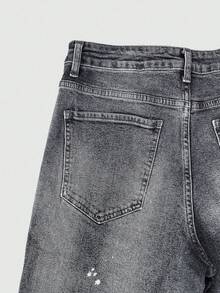 喇叭牛仔裤，泼墨水洗牛仔裤，轻盈商务休闲修身破洞裤脚男士牛仔裤，四季皆宜，纽扣拉链闭合，直筒裤型 - 灰色 - 查看 7
