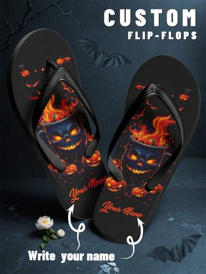 1 Pair Halloween Custom Men's Flip Flops, Personalized Name Sandals With Ghosts Pumpkin Design, Custom Soft Sole Sandals, Unique Personalized Sandals, Halloween Flip Flops, Customized Gift For Mom/Dad/Her/Him/Girlfriend/Boyfriend/Wife/Husband/Friend
