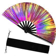 13 Inch Large Holographic Rave Hand Fan, Foldable Colorful Festival Fan, Suitable For Costume Accessories, Festivals, Clubs, Parties, Dancing, Unisex - Silver - View 6