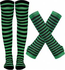 Tongcloud Women's Striped Knee High Socks, Over Knee Thigh High Socks, Arm Warmer And Fingerless Gloves SetHalloween Christmas New Year - 黑色和綠色 - 查看 1