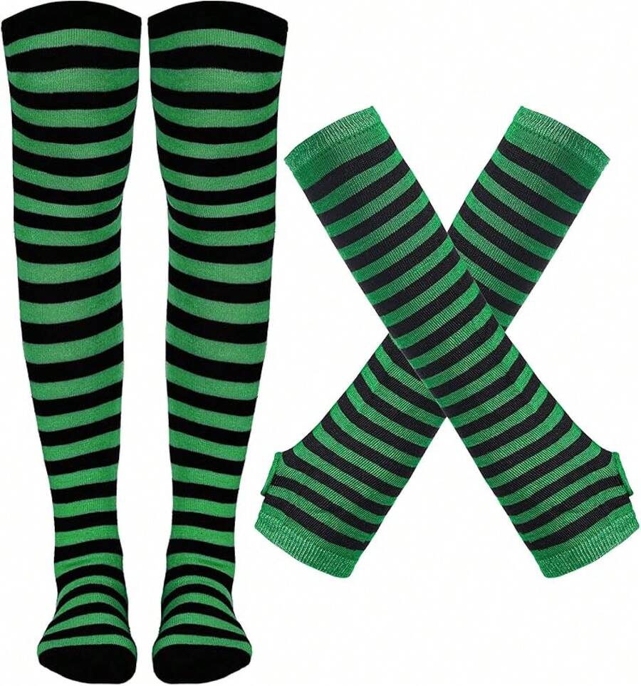 Tongcloud Women's Striped Knee High Socks, Over Knee Thigh High Socks, Arm Warmer And Fingerless Gloves SetHalloween Christmas New Year - 黑色和綠色 - 查看 1