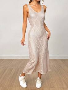 Vestido midi de punto calado con patrón de rombos, estilo elegante para playa en primavera, verano y otoño - Dorado - Ver 1