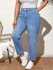 Plus Size High Stretch Denim Straight Leg Jeans With Zipper And Pockets - Xanh nhạt - Xem 1