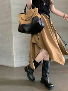 秋冬女士厚底扣西部靴，褶皱休闲中筒靴 - 黑色 - 查看 6