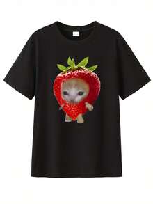 Men'S Cute Strawberry Cat Graphic T-Shirt - Casual Summer Style, Round Neck, Polyester, Rib-Knit Detail, Lightweight 180g/M², Cartoon Animal Print, Strawberry Themed Items