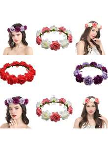 1pc Bohemian Beach Rose Flower Headband, Bridal Headdress, Performance & Travel Floral Headpiece - Multicolor - View 2