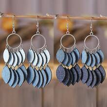 1 Pair Bohemian Gradient Blue Denim Feather Leaf Patchwork Pendant Earrings - 款式2 - 查看 1