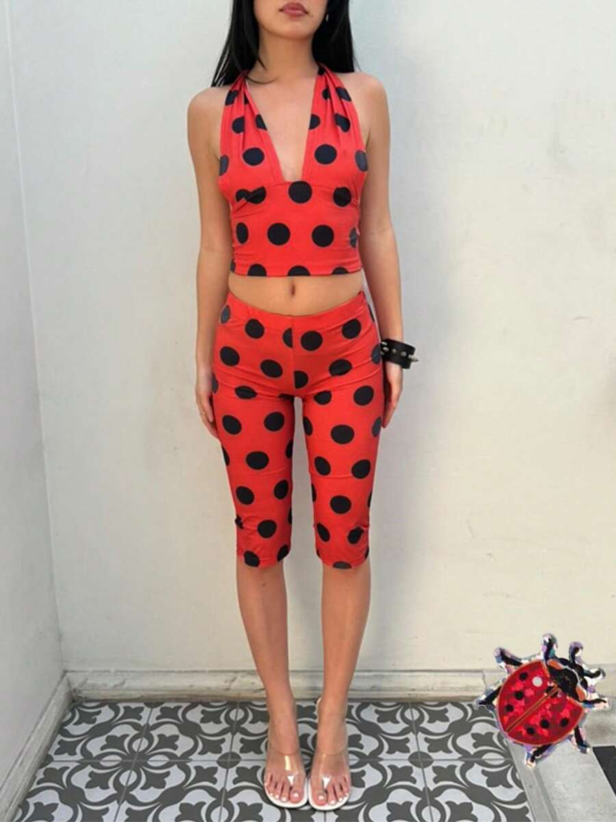 Women Ladybug Costume Cosplay Set Screen Printing Jumpsuit Halloween Accessories Ladybug Dress Up Set Halloween Cosplay Party Slim Fitted Halter Neck V-Hneck Crop Top + Shorts 2 Pieces Set - 紅色 - 查看 1