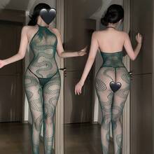 Snake-Print Lace-Up Jumpsuit Paired With Fishnet Stockings, Sexy Tearable Stockings, See-Through Mesh Lingerie, Alluring Lingerie, Year Of The Snake Theme, Christmas, New Year, Valentine's Day Gift, Club Outfit, Party Outfit. - Dark Green - View 11