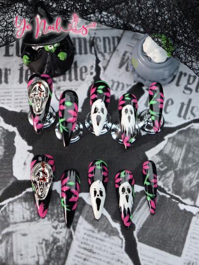 Express Your Love With 10pcs Stiletto Shape Handmade European Style Black Color With Devil's Flower Hallowmas Y2K Full Cover Press On Nail Kit Charms 3d Three-Dimensional Decoration Funny Face Ghost Nordic Full Coverage Acrylic Vanity Fake Nails Set For Women And Girls Vanity With 1pc Mini Nail File & 1 Sheet Adhesive Tabs