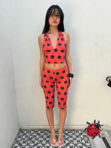 Women Ladybug Costume Cosplay Set Screen Printing Jumpsuit Halloween Accessories Ladybug Dress Up Set Halloween Cosplay Party Slim Fitted Halter Neck V-Hneck Crop Top + Shorts 2 Pieces Set - 紅色 - 查看 3