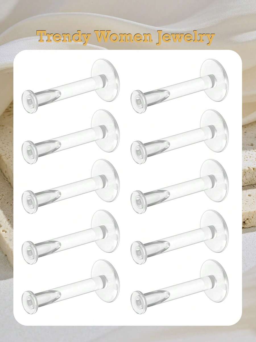10 piezas de pendientes transparentes de 16g para deportes y trabajo, retenedores de piercing de labret Bioflex, pernos de piercing de plástico transparente para hélix, trago, labio, medusa y Monroe (6-12mm) - transparente - Ver 1