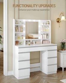 HEXCELEN Large Dressing Table With LED Lighting, 10 LED Light Balls, 3 Colors, Adjustable Brightness, Dressing Table With Mirror, 9 Drawers, 9 Open Shelves, Modern Style, White-Silver - Phích cắm loại C của EU (220-240V) - Xem 4