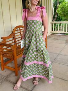 Women Summer Boho Maxi Dress Floral Tie Shoulder Flowy Long Dress Square Neck Ruffle Tiered Beach Sundress - màu xanh lá - Xem 3