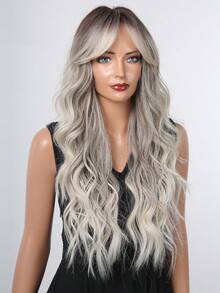26 Inch Long Wavy Grey Ombre Wigs With Bangs And Highlights Synthetic Wigs For Women For Ordinary Work, Life, Dance Parties And All Occasions Use