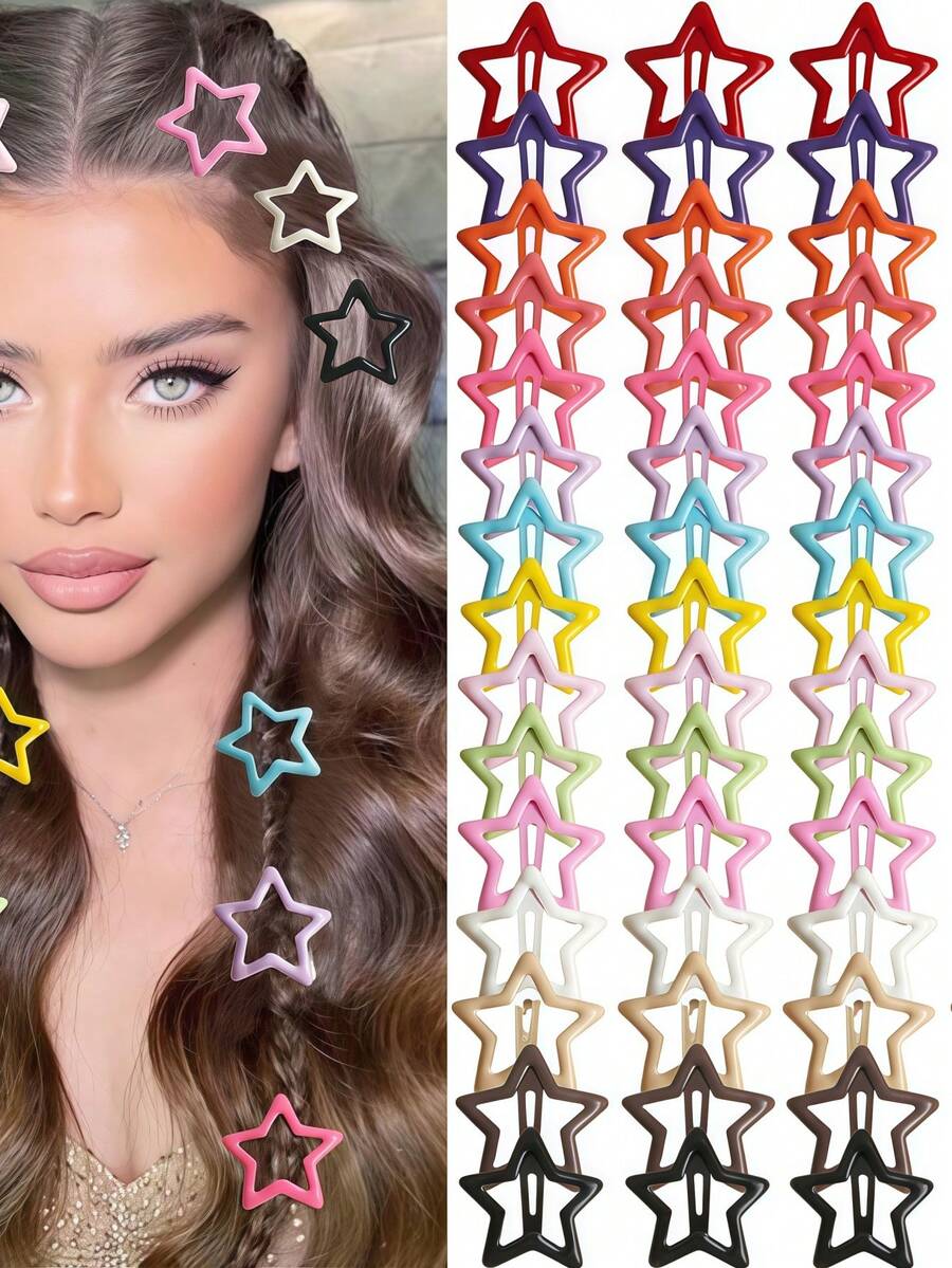 30 Pieces Per Pack Star Hair Clips 2000s Y2K Snap Hair Barrettes Non Slip Star Hair Accessories Pink Metal Hair Clips For Girls Women Street Tiaras Claw Clips, School Stuff - Nhiều màu - Xem 1