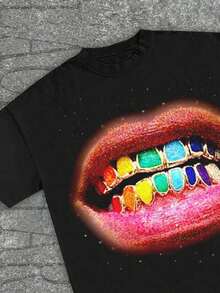 ART BASE IN ATL "Text Play Meme ATL Culture Enthusiast, Street Art Fan Lips, Rainbow Golden Teeth Street Art Dazzling Art Colorful, Exaggerated, Breaking Through The Conventional Art Story Street Art Style T-Shirt Dark Art  Play Meme Feeling T-Shirt ... Value Declaration T-Shirt, Burning Bright, No Outing, Strength, Respect Streetwear Shirt, Hometown Flag, Warning, Fashion Clothing, Pattern T-Shirt For Women, Interesting Pattern T-Shirt, Pattern T-Shirt For Men, 100% Cotton T-Shirt, Designed For Youth And Fashion. They're Here, Perfect For Casual Wear And Street Style. They Are Excellent Gifts For Friends And Family. - màu đen - Xem 4