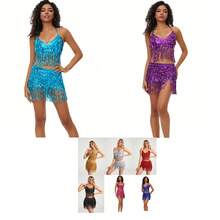 Sparkling Fringe Dress Set For Women, Two Pieces Set With Exposed Navel, Tight Fitting Vest, Bodycon Mini Skirt, Sparkling Fringe Set, Halloween, Christmas - Multicolor - View 4